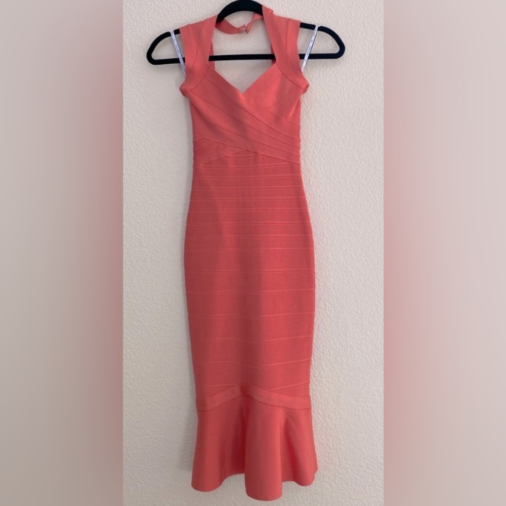 Herve Leger Sweetheart Neck Salmon-Color Mermaid Style Bandage Dress XXS - Picture 2 of 14